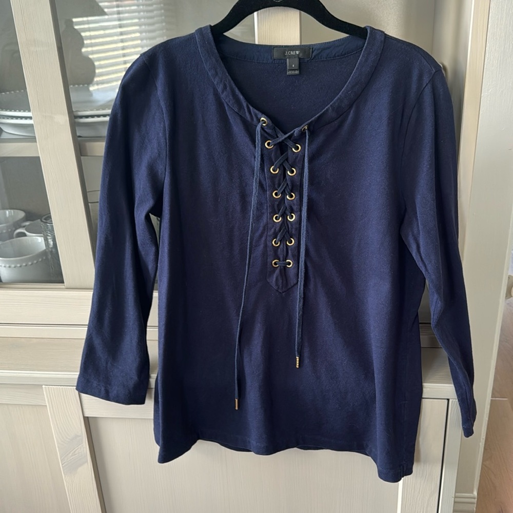 J Crew navy blue lace up top. 3/4 length sleeves. Size S